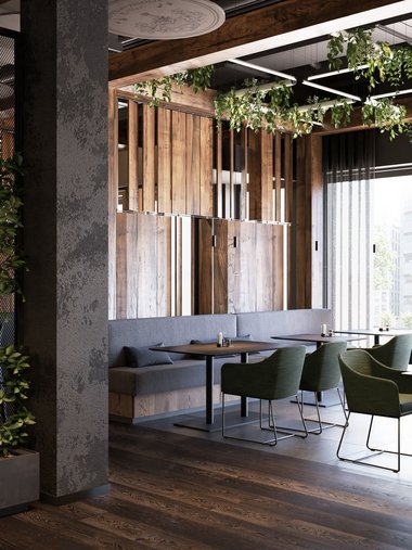 Modernes Restaurant mit Holzmöbeln, grünen Stühlen und Pflanzen an der Wand