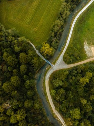 Aerial view of green forest, river, paths, and a small bridge
