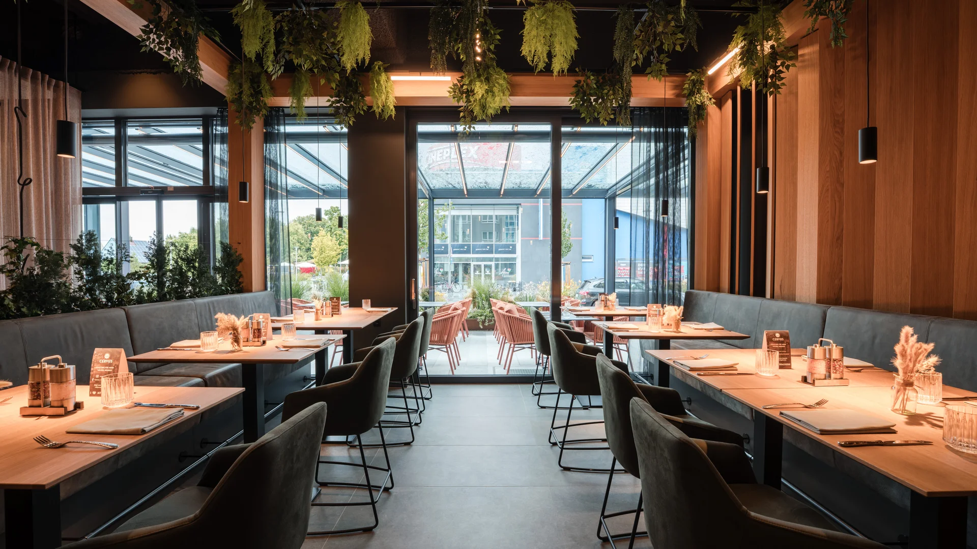 Kulinarik für Ihre Tagung Modernes Café mit Holztischen, grünen Hängepflanzen und großen Fenstern