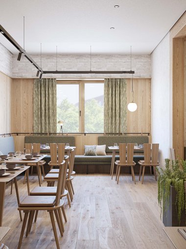 Helles modernes Restaurant mit Holzmöbeln und gemütlichen Sitzbereichen