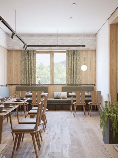 Cervus: Ihre Eventlocation in Augsburg und Umgebung Helles modernes Restaurant mit Holzmöbeln und gemütlichen Sitzbereichen