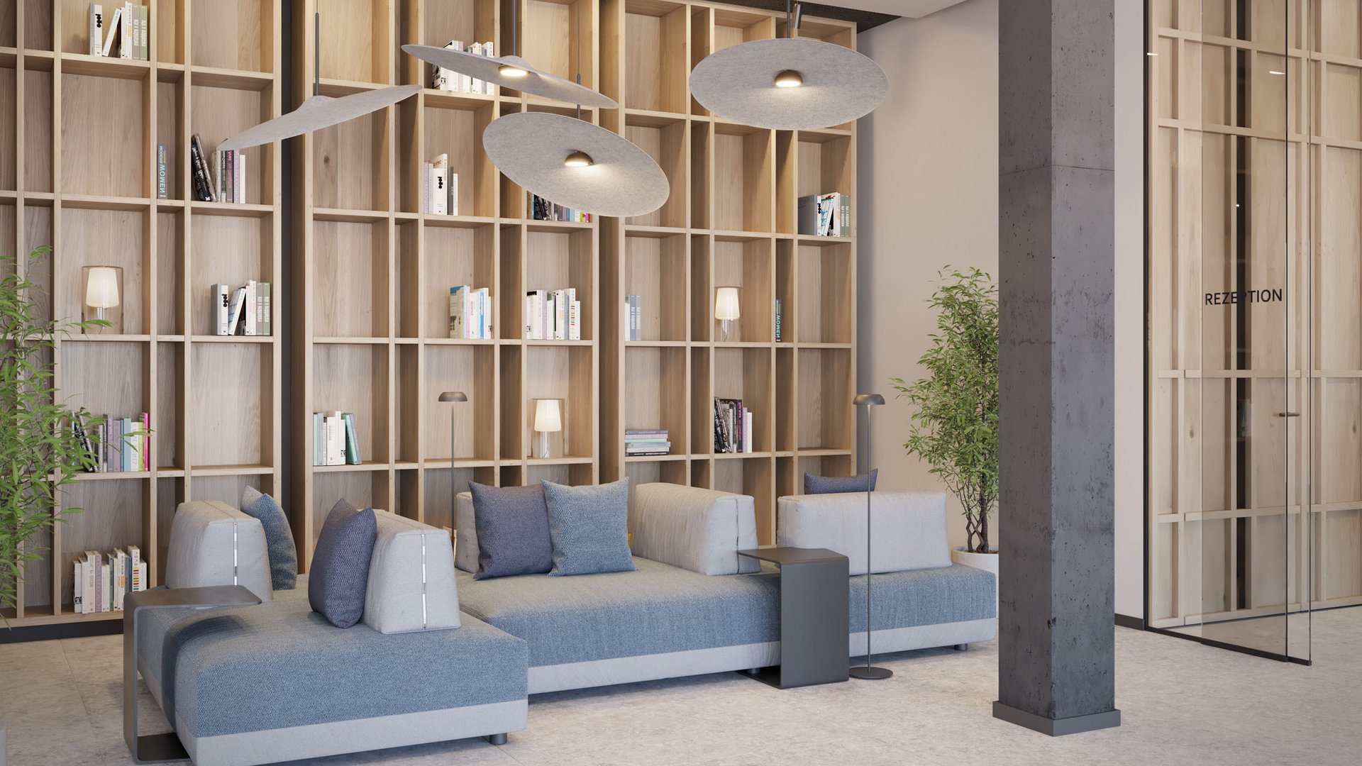 Modern waiting area with bookshelf, sofas, and hanging lights