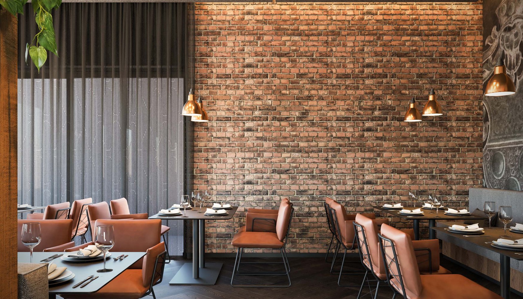 Jetzt Ihren Tisch reservieren Moderner Restaurantinnenraum mit braunen Ledersesseln und Backsteinwand
