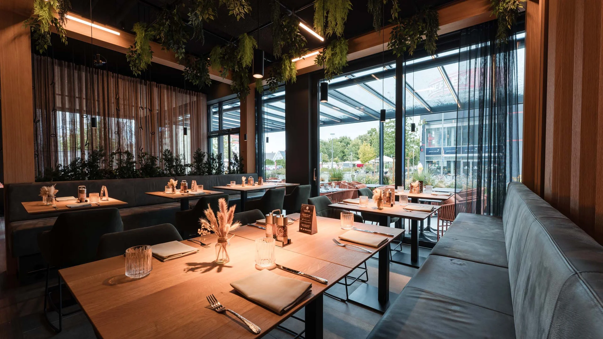 Bayerisches Restaurant nahe Augsburg gesucht? Modernes Restaurant mit hölzernen Tischen und grünen Pflanzen an der Decke