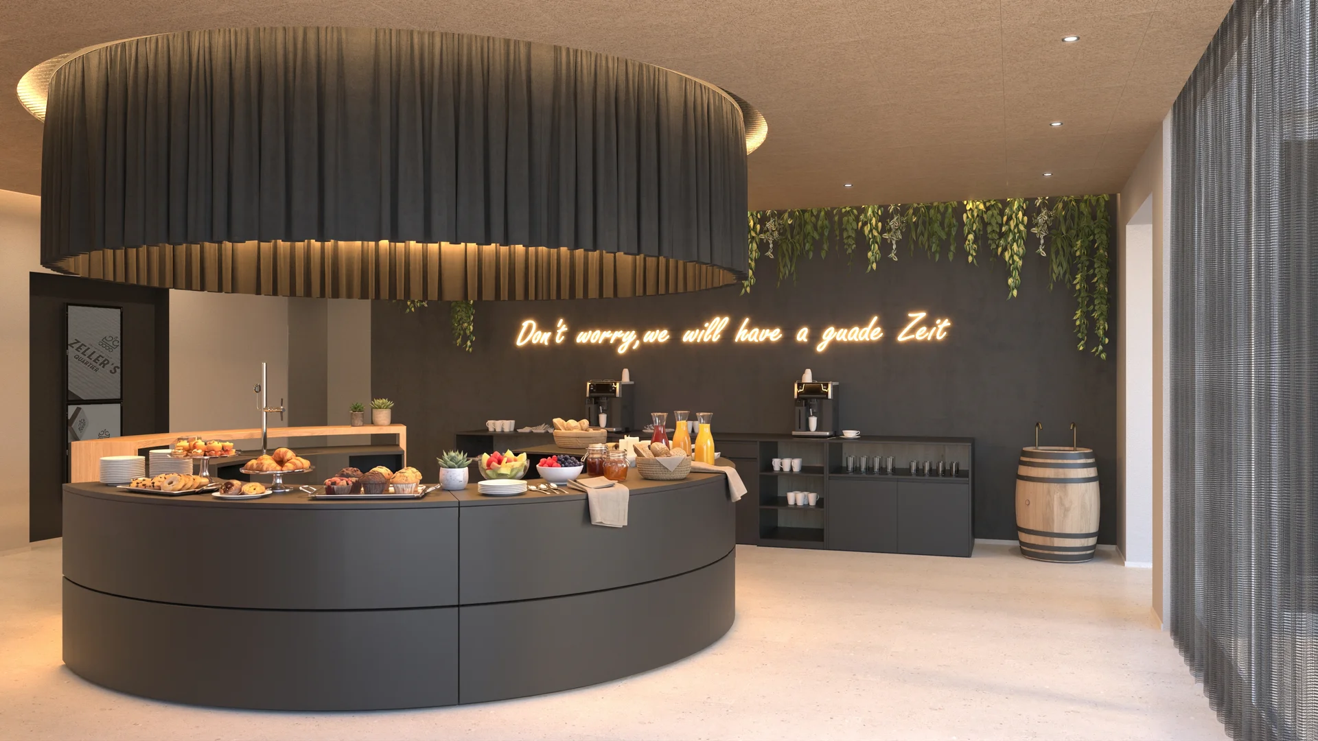 Modernes Frühstücksbuffet in einem stilvollen Tagungsbereich mit dunklem Design, Buffetinsel und beleuchtetem Schriftzug an der Wand.