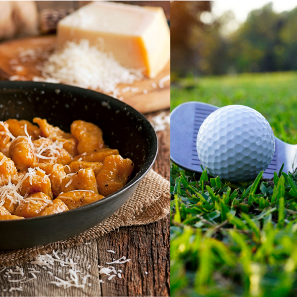 Eine Bildcollage aus einem Bild mit leckeren Kürbisgnocci mit frischem Parmesankäse darüber gestreut. sowie einem Golfschläger, der neben einem Golfball zum Abschlag platziert ist.