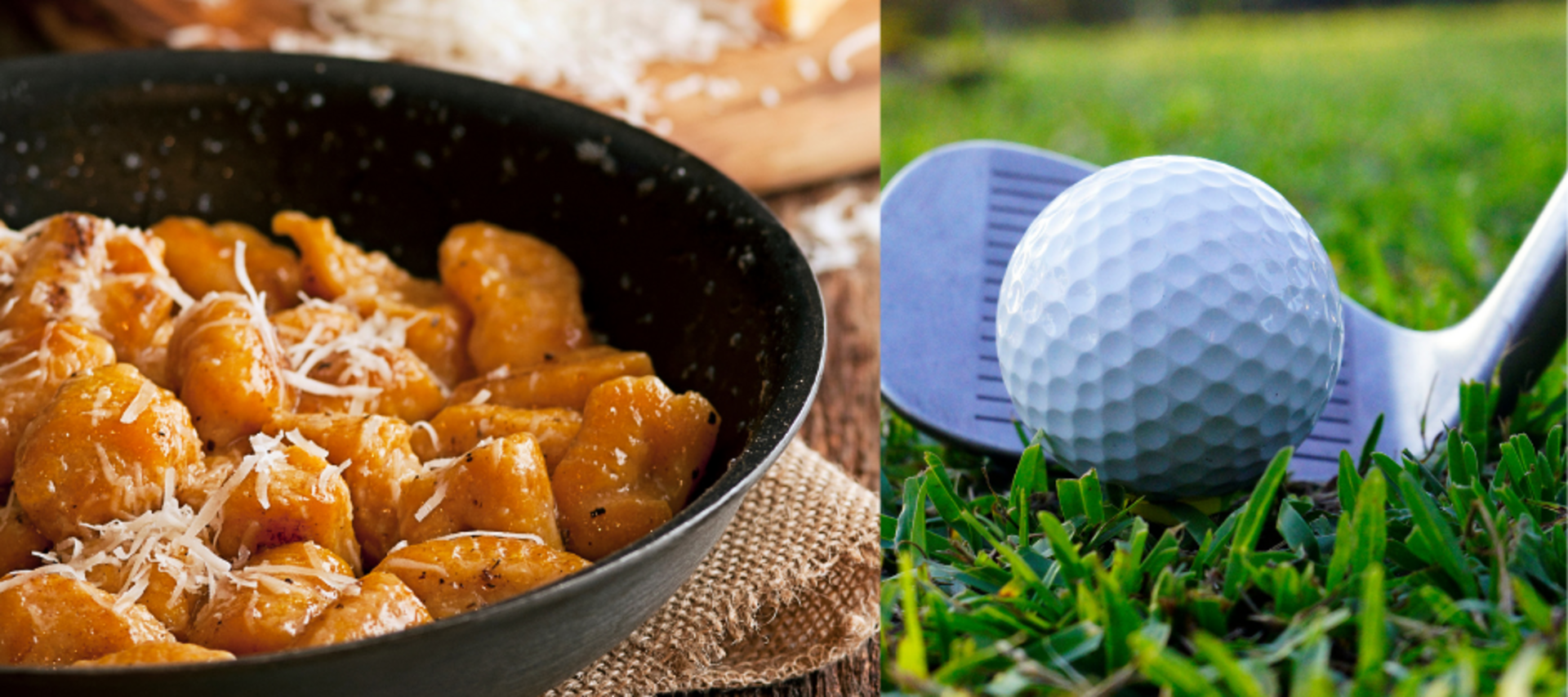 Eine Bildcollage aus einem Bild mit leckeren Kürbisgnocci mit frischem Parmesankäse darüber gestreut. sowie einem Golfschläger, der neben einem Golfball zum Abschlag platziert ist.