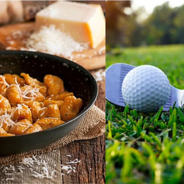 An image collage featuring a photo of pumpkin gnocchi topped with fresh Parmesan, alongside a photo of a golf club just about to strike a ball at tee-off