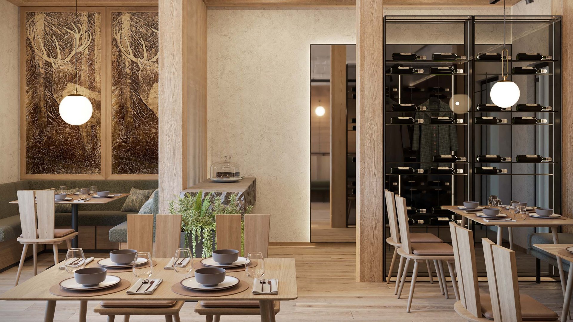 Gemütliches Restaurant mit Holzmöbeln und Hirschbildern an der Wand