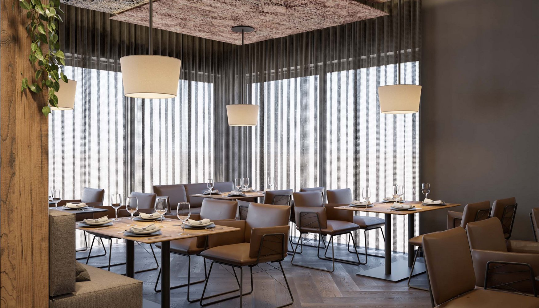 Ihr besonderes Hotel in Königsbrunn: Zeller’s Quartier Modernes Restaurant mit hängenden Lampen, braunen Stühlen und gedeckten Tischen